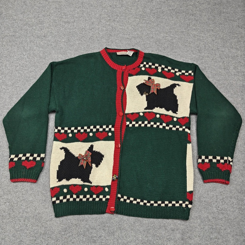 Vintage Essential Elements Cardigan‎ Womens Large Green Scottie Dog Christmas